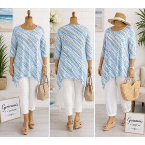 Gallery Plus Womens 1X Tunic Top Blue White Striped Asymmetrical 3/4 Sleeve Casu